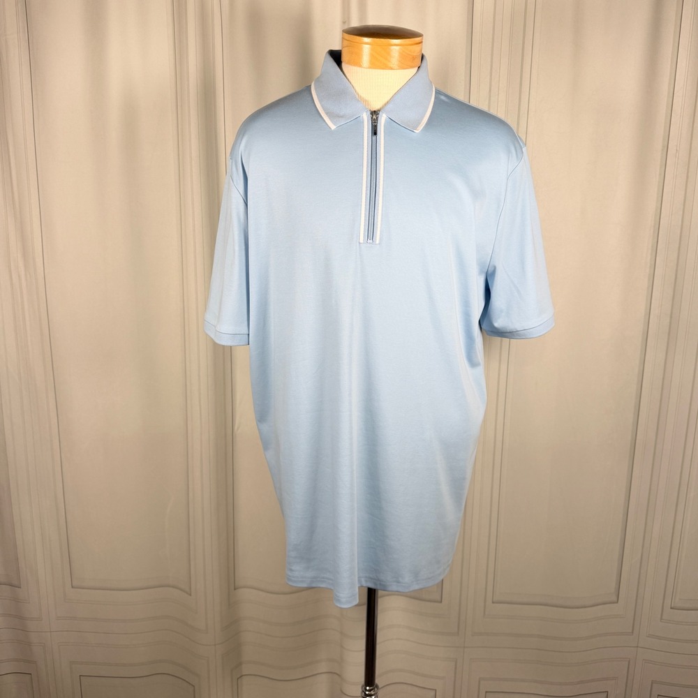 Paul Fredrick Men's XL Quarter-Zip Polo Shirt Ice Blue 100% Cotton‎ Short Sleeve